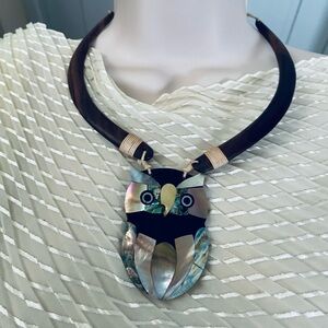 Owl Pendant Necklace with wood and shells Accents